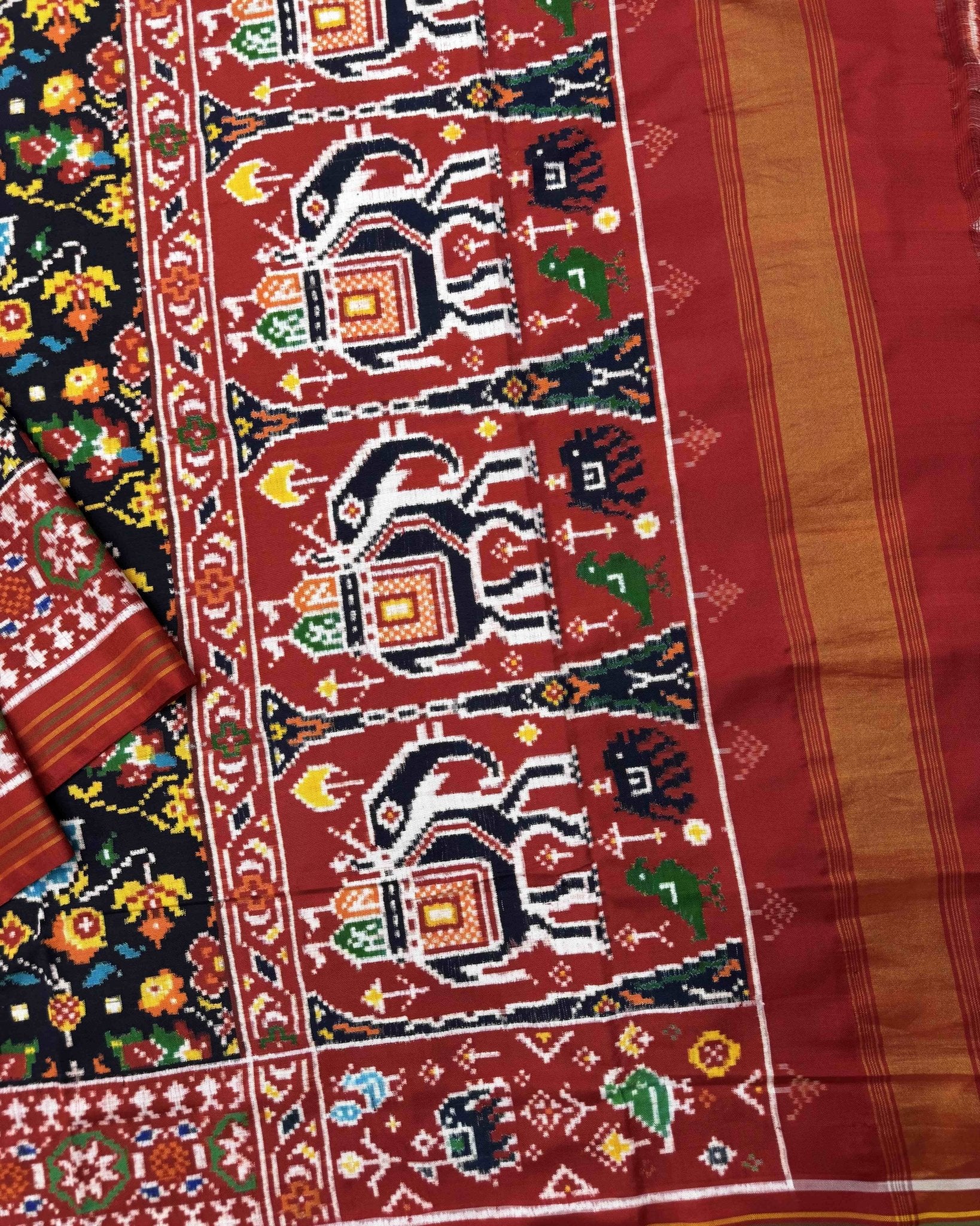Red & Black Flower Double Ikat Patola Saree - SindhoiPatolaArt