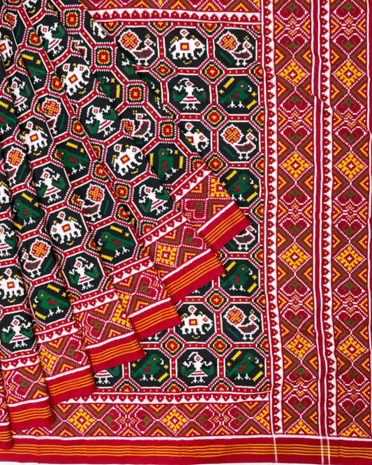 Red & Black Narikunj Double Ikat Patola Saree - SindhoiPatolaArt