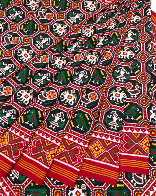 Red & Black Narikunj Double Ikat Patola Saree - SindhoiPatolaArt