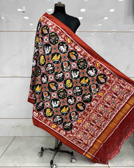 Red & Black Small Circle Narikunj Double Ikat Patola Dupatta - SindhoiPatolaArt
