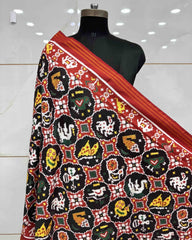 Red & Black Small Circle Narikunj Double Ikat Patola Dupatta - SindhoiPatolaArt