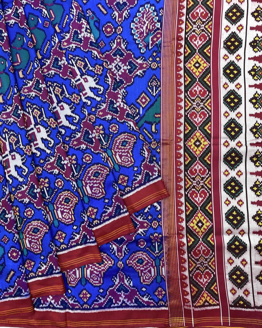 Red & Blue Big Figure Chhabdi Narikunj Twill Patola Saree - SindhoiPatolaArt