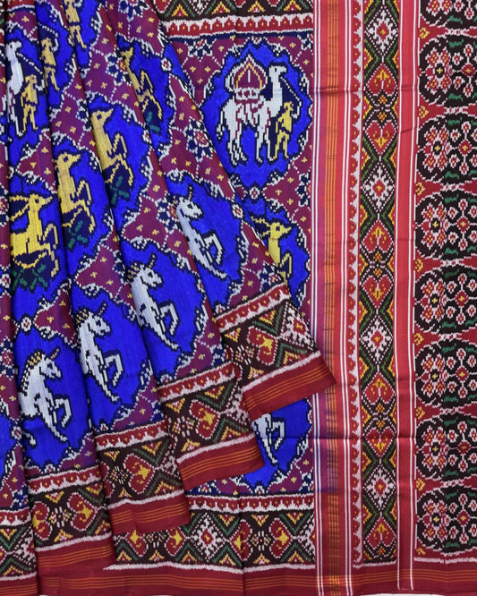 Red & Blue Big Figure Deer Horse Design Twill Patola Saree - SindhoiPatolaArt