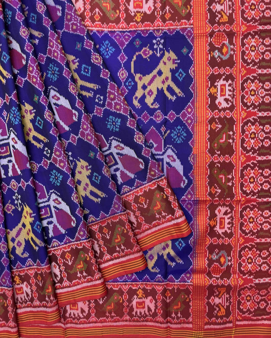 Red & Blue Big Figure Haathi Vaag Semi Double Ikat Patola Saree - SindhoiPatolaArt