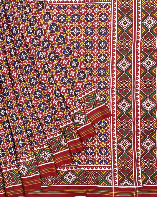 Red & Blue Buttonful Patola Saree - SindhoiPatolaArt