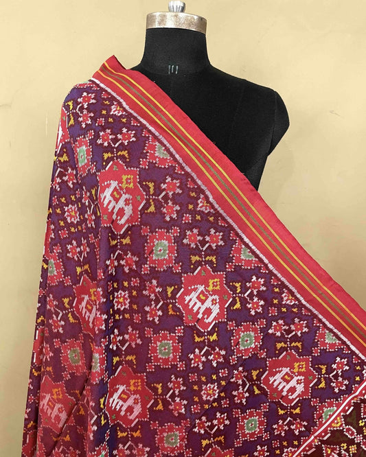 Red & Blue Elephant Navratan Patola Dupatta - SindhoiPatolaArt