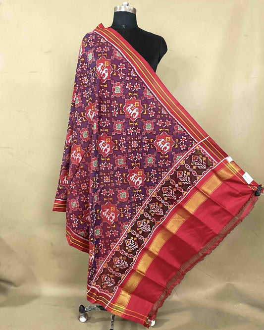 Red & Blue Elephant Navratan Patola Dupatta - SindhoiPatolaArt
