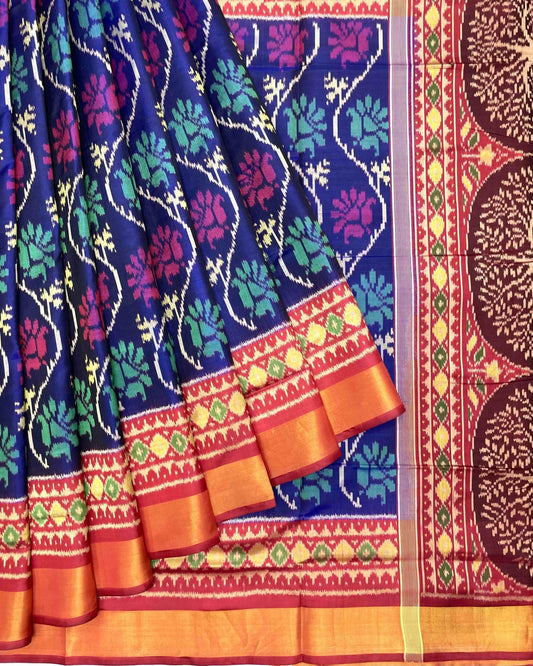 Red & Blue Fancy Flower Patola Saree - SindhoiPatolaArt