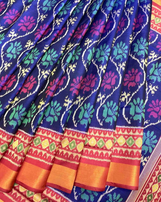Red & Blue Fancy Flower Patola Saree - SindhoiPatolaArt
