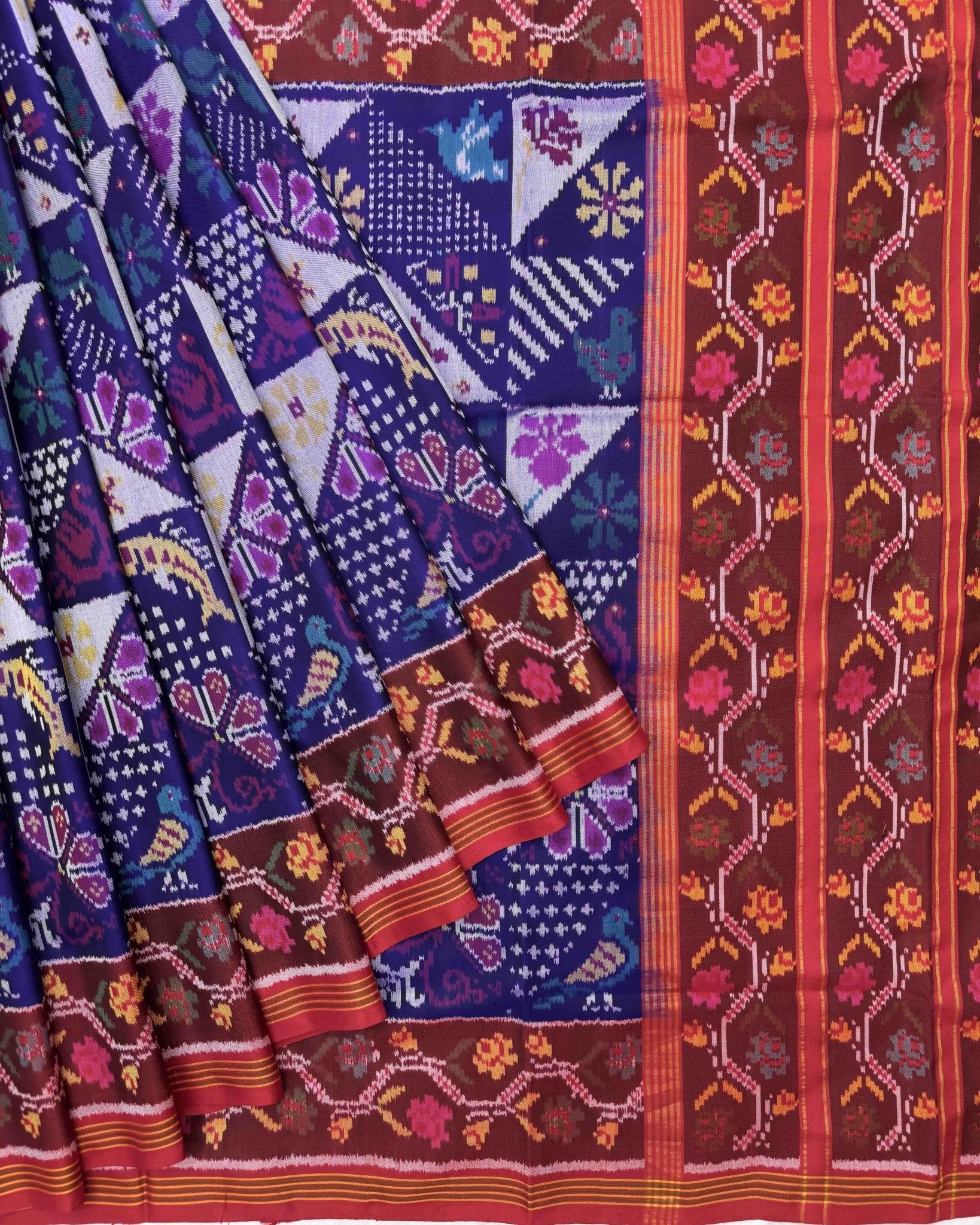 Red & Blue Fancy Narikunj Semi Double Ikat Patola Saree - SindhoiPatolaArt