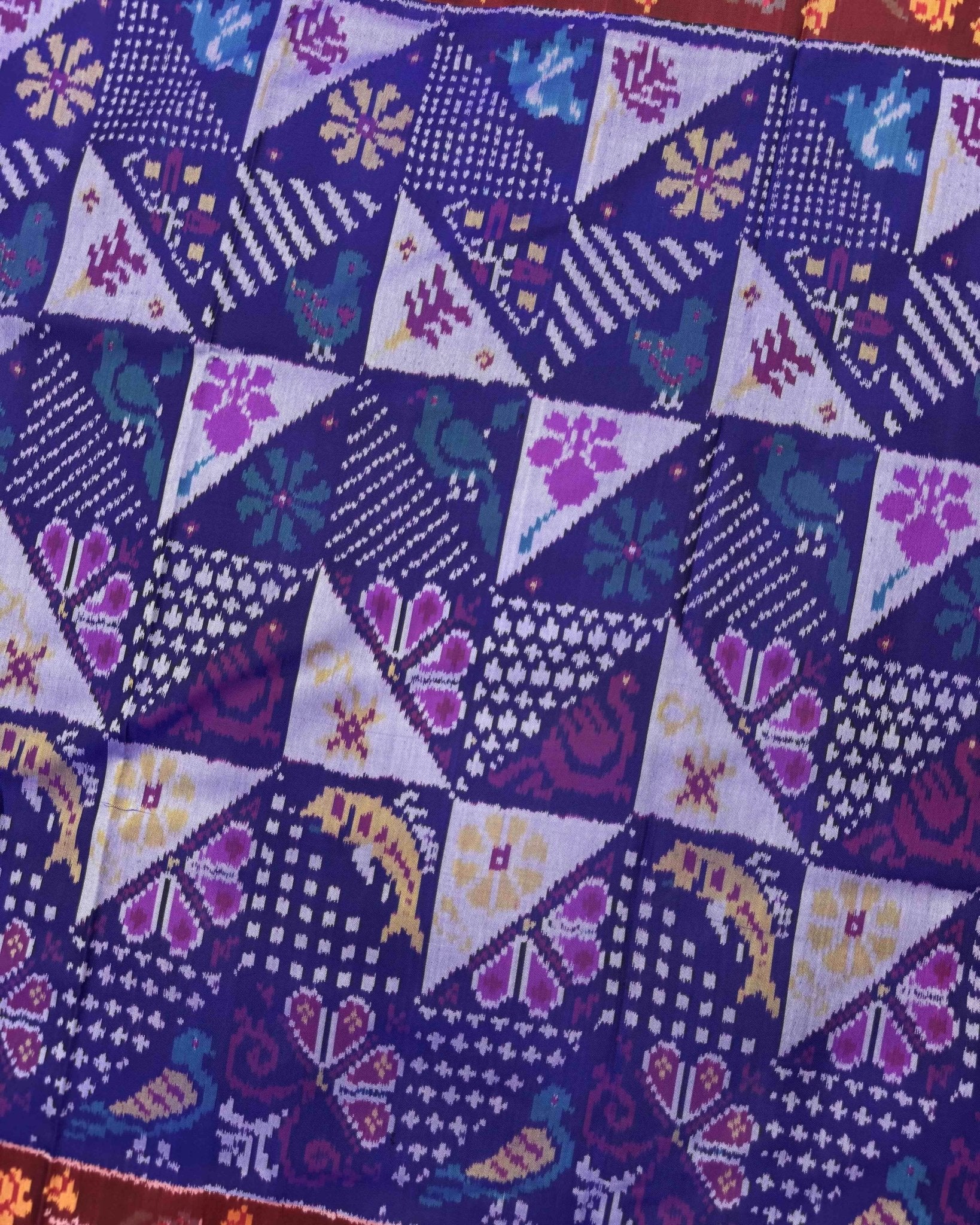 Red & Blue Fancy Narikunj Semi Double Ikat Patola Saree - SindhoiPatolaArt