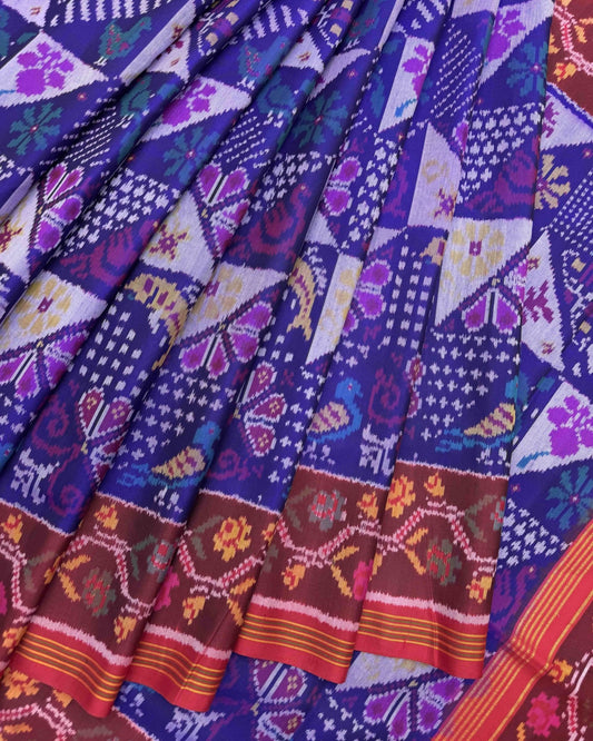 Red & Blue Fancy Narikunj Semi Double Ikat Patola Saree - SindhoiPatolaArt
