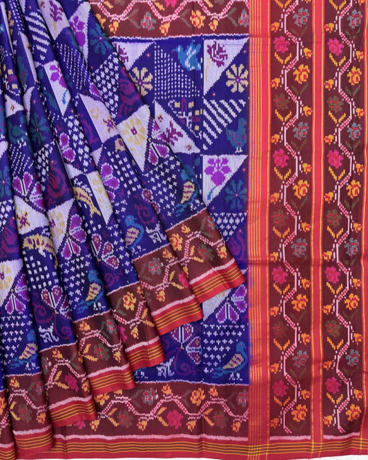 Red & Blue Fancy Narikunj Semi Double Ikat Patola Saree - SindhoiPatolaArt