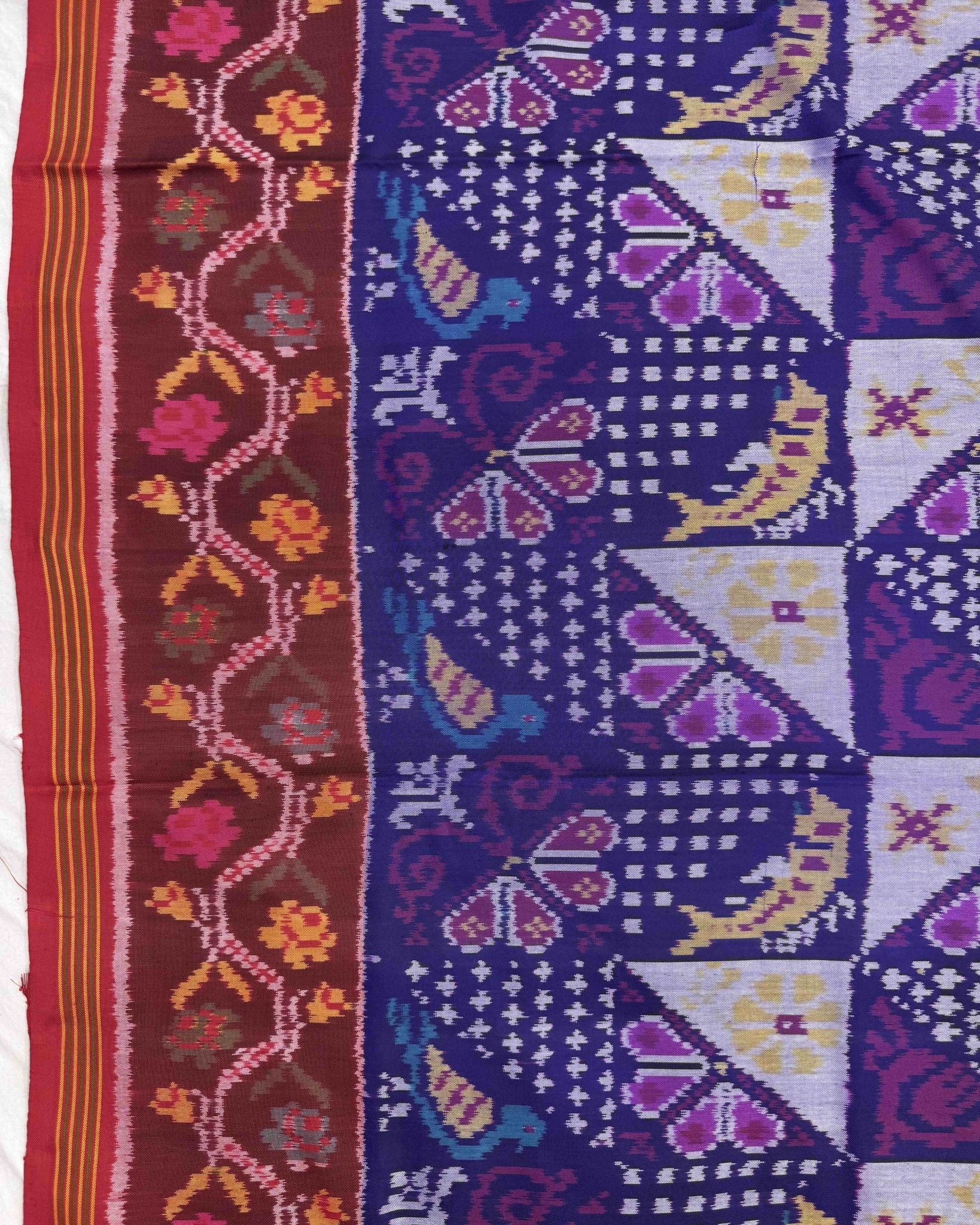 Red & Blue Fancy Narikunj Semi Double Ikat Patola Saree - SindhoiPatolaArt