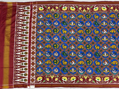 Red & Blue figures in circles Patan Patola Saree - SindhoiPatolaArt