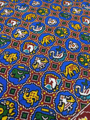 Red & Blue figures in circles Patan Patola Saree - SindhoiPatolaArt