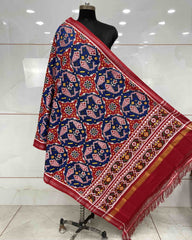 Red & Blue Fish Chhabdi Design Patola Dupatta - SindhoiPatolaArt