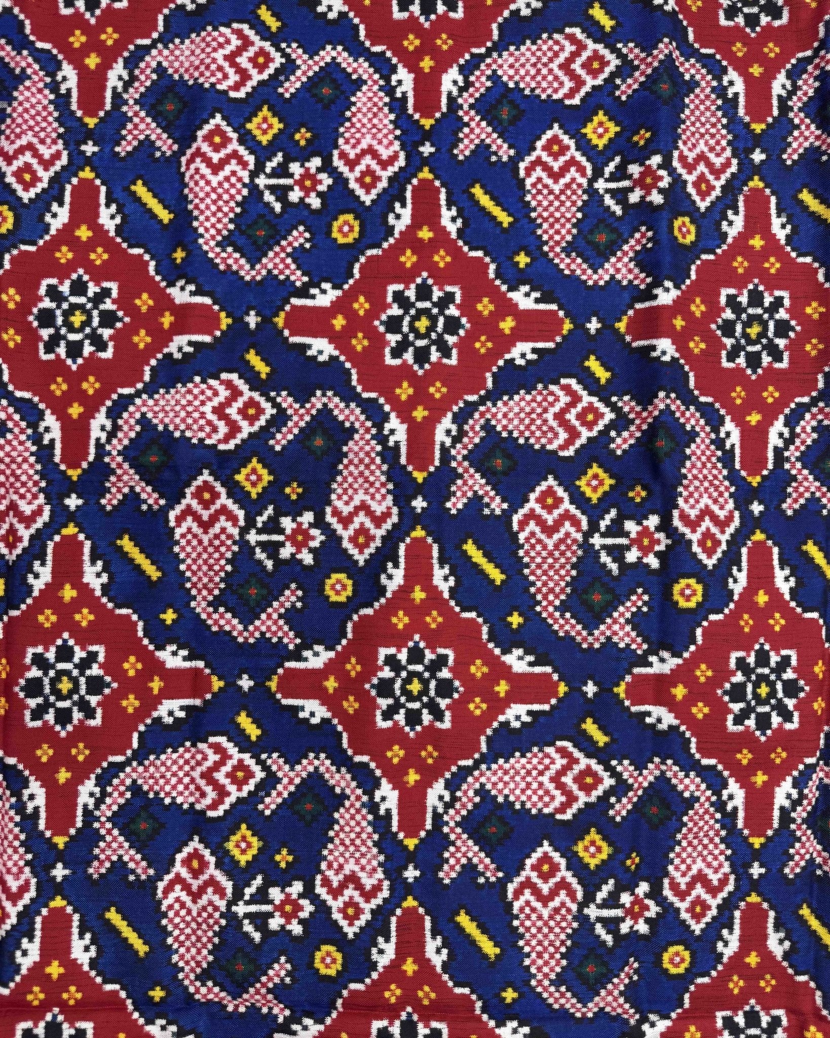 Red & Blue Fish Chhabdi Design Patola Dupatta - SindhoiPatolaArt