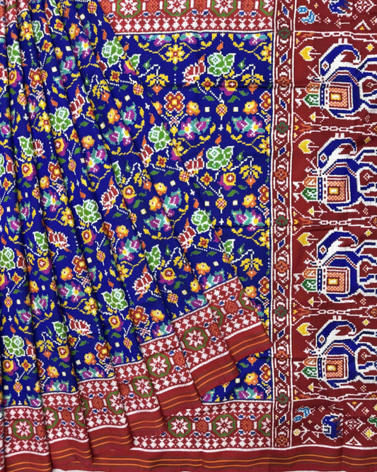 Red & Blue Flower with Elehphant Pallu Double Ikat Patola Saree - SindhoiPatolaArt
