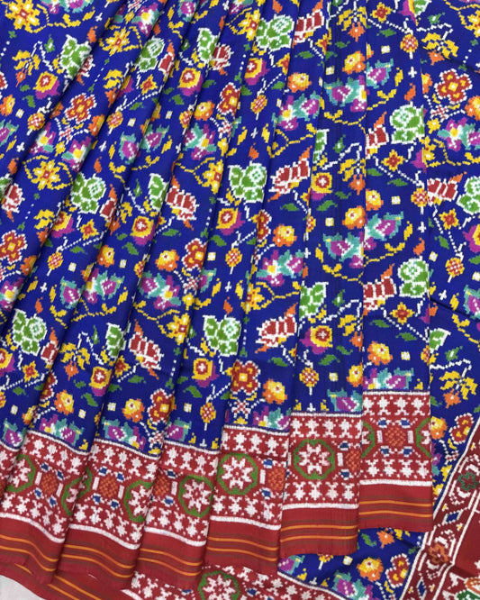 Red & Blue Flower with Elehphant Pallu Double Ikat Patola Saree - SindhoiPatolaArt