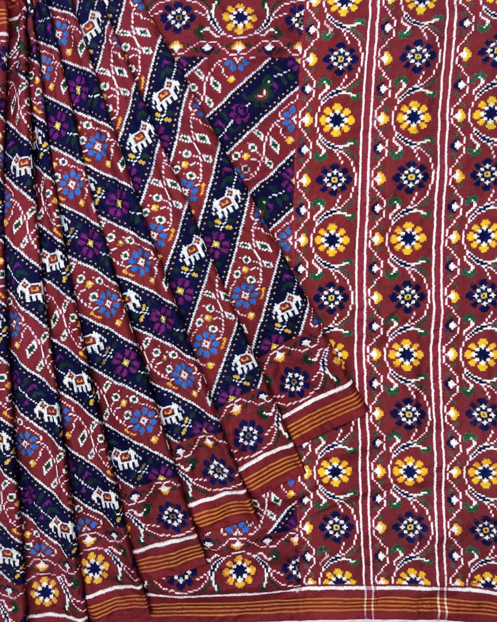 Red & Blue Leheriya Flower Narikunj Double Ikat Patola Saree - SindhoiPatolaArt