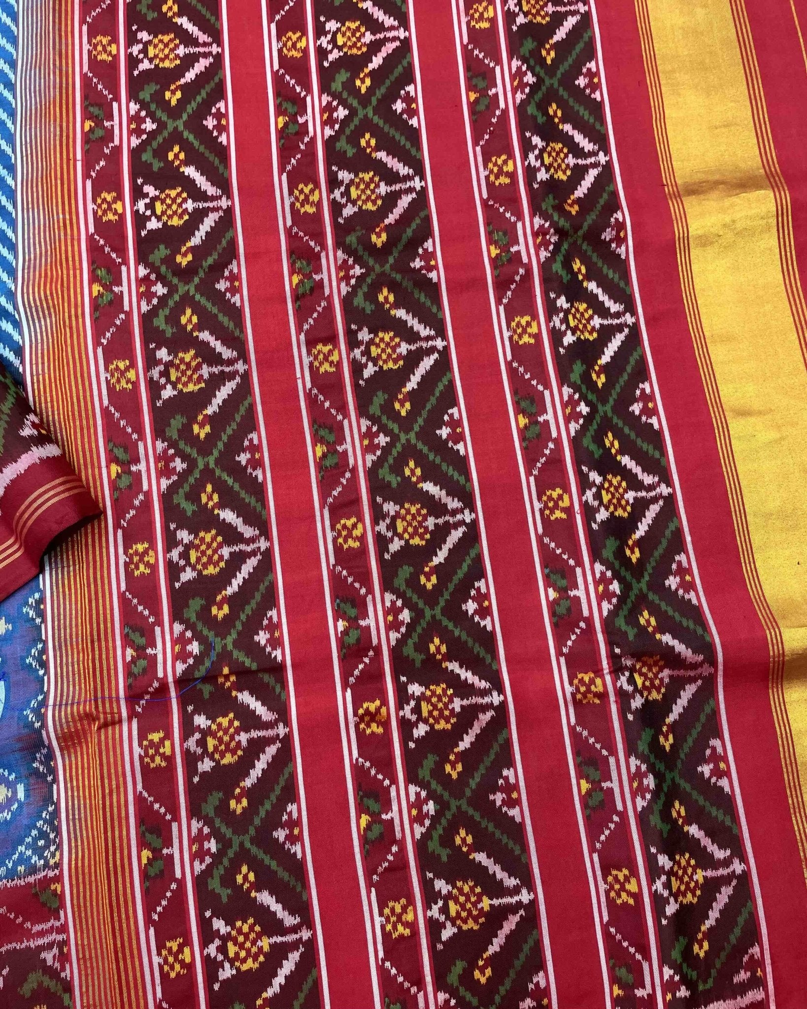 Red & Blue Lining With Elephant Scut Border Patola Saree - SindhoiPatolaArt