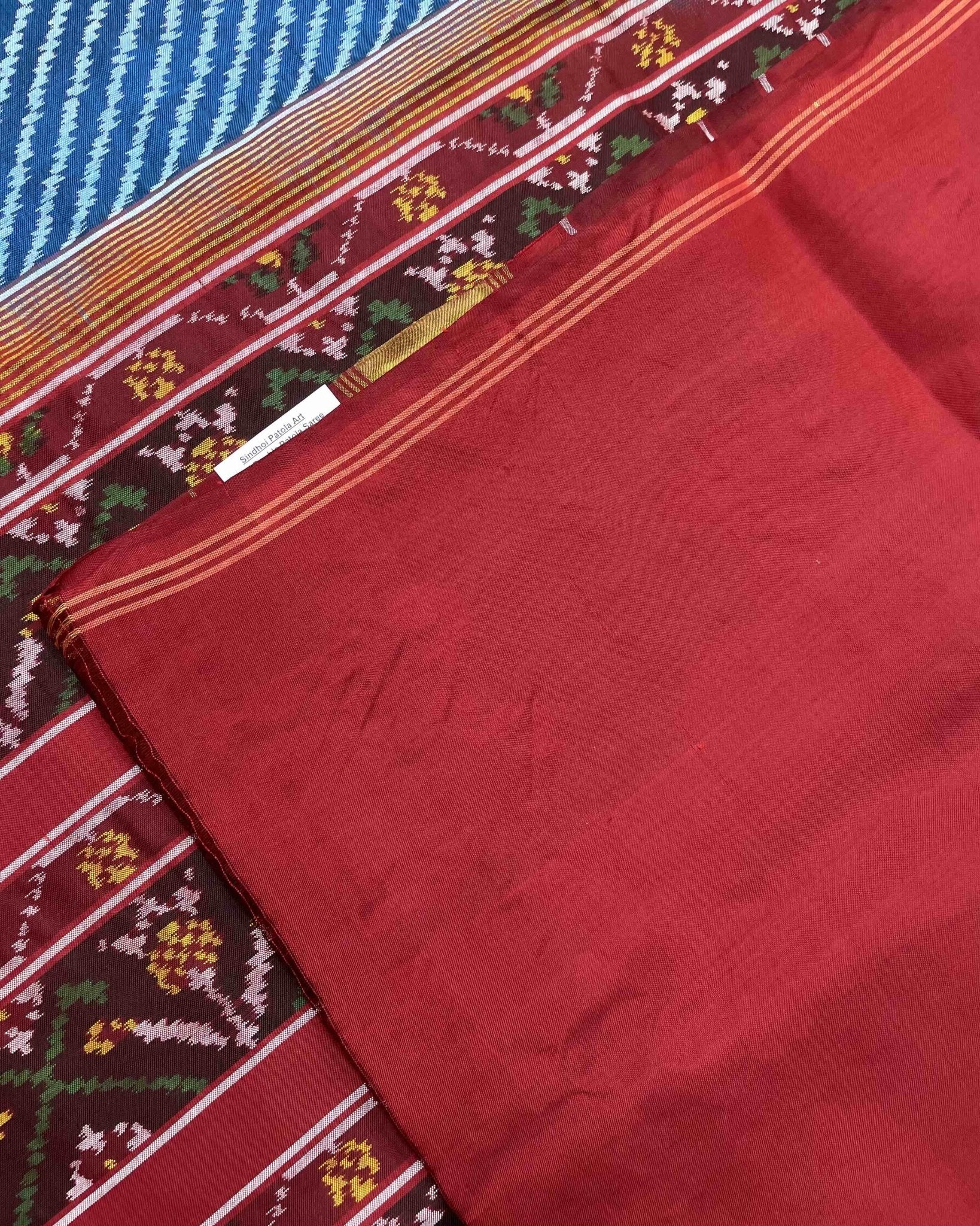 Red & Blue Lining With Elephant Scut Border Patola Saree - SindhoiPatolaArt
