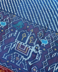 Red & Blue Lining With Elephant Scut Border Patola Saree - SindhoiPatolaArt