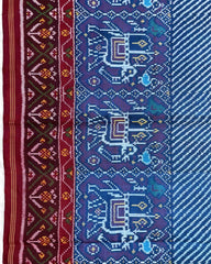 Red & Blue Lining With Elephant Scut Border Patola Saree - SindhoiPatolaArt