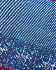 Red & Blue Lining With Elephant Scut Border Patola Saree - SindhoiPatolaArt
