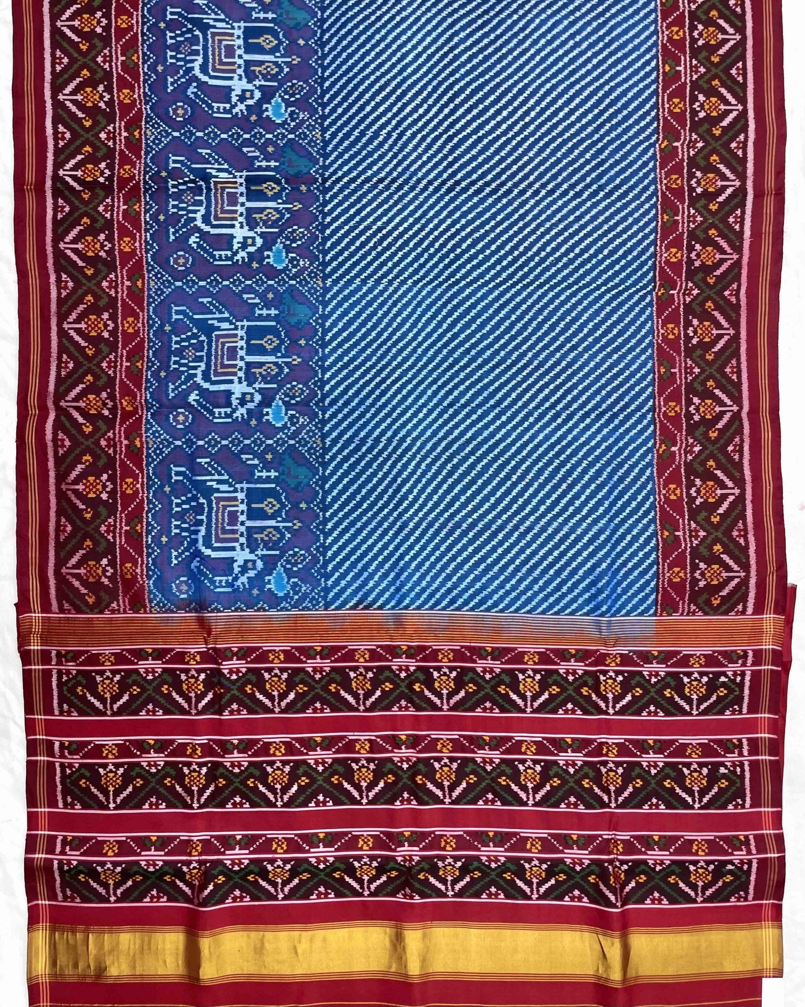 Red & Blue Lining With Elephant Scut Border Patola Saree - SindhoiPatolaArt