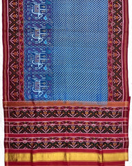 Red & Blue Lining With Elephant Scut Border Patola Saree - SindhoiPatolaArt
