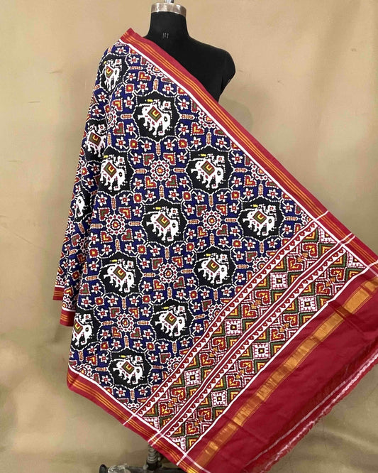 Red & Blue Manekchowk Elephant Patola Dupatta - SindhoiPatolaArt