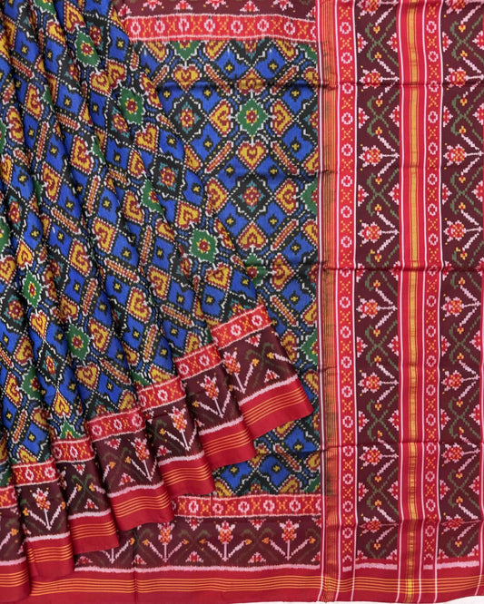 Red & Blue Manekchowk Semi Double Ikat Patola Saree - SindhoiPatolaArt