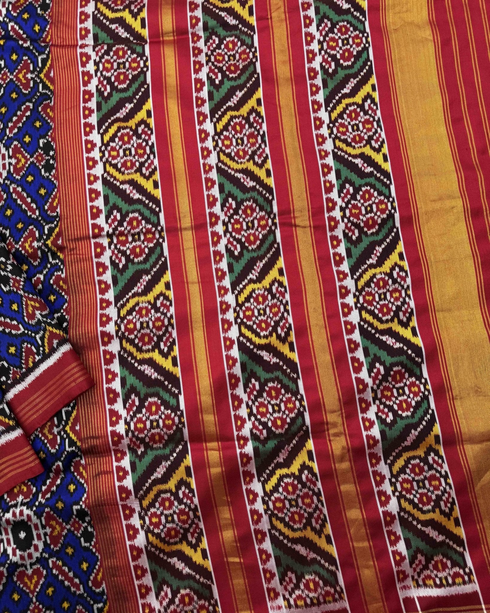 Red & Blue Manekchowk Twill Patola Saree - SindhoiPatolaArt