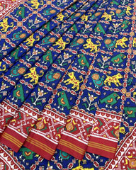 Red & Blue Narikunj Double Ikat Patola Saree - SindhoiPatolaArt