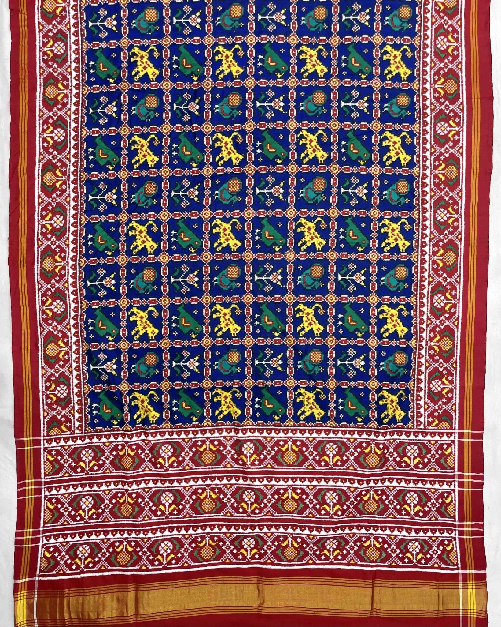 Red & Blue Narikunj Double Ikat Patola Saree - SindhoiPatolaArt
