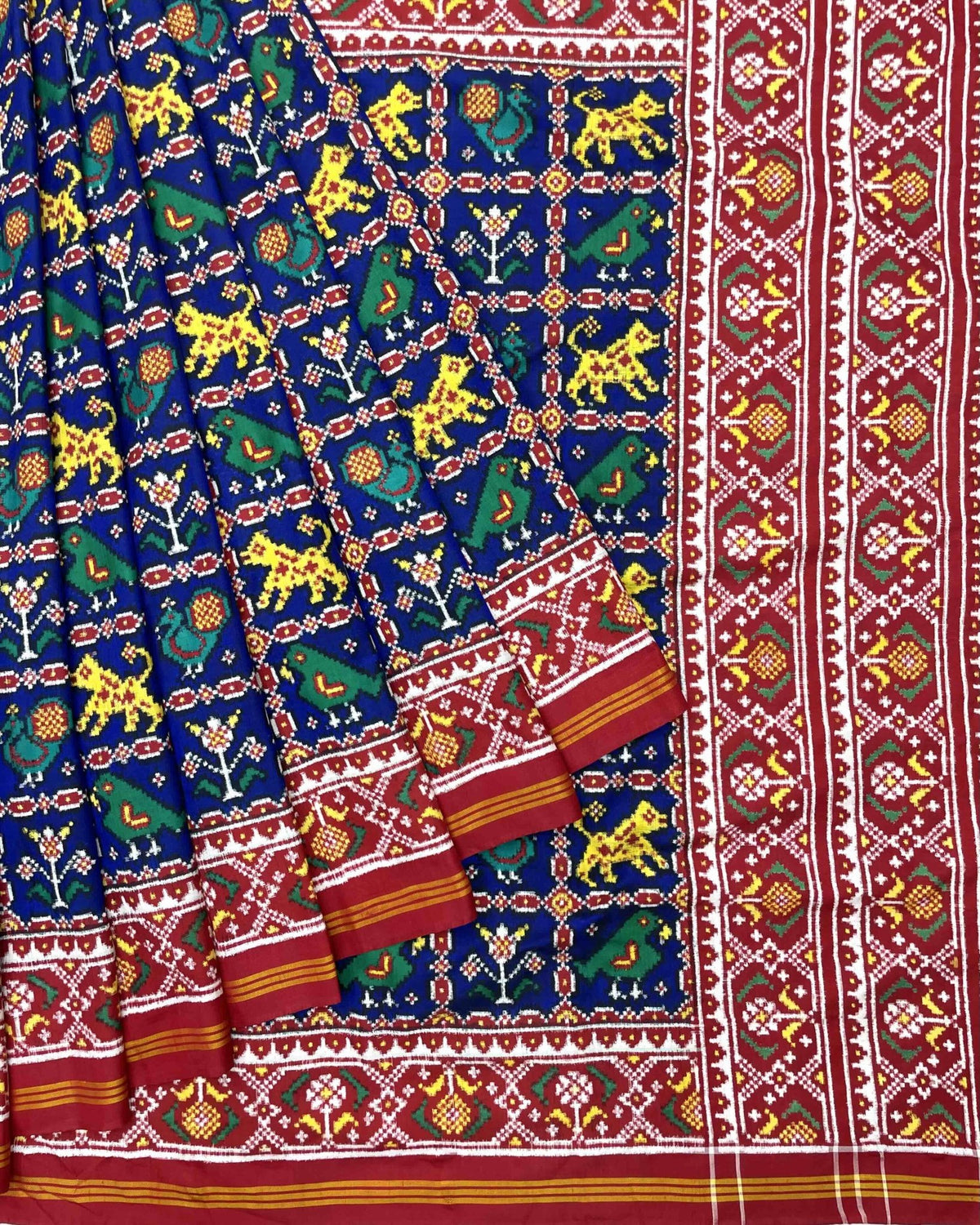Red & Blue Narikunj Double Ikat Patola Saree - SindhoiPatolaArt