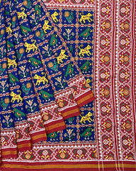 Red & Blue Narikunj Double Ikat Patola Saree - SindhoiPatolaArt