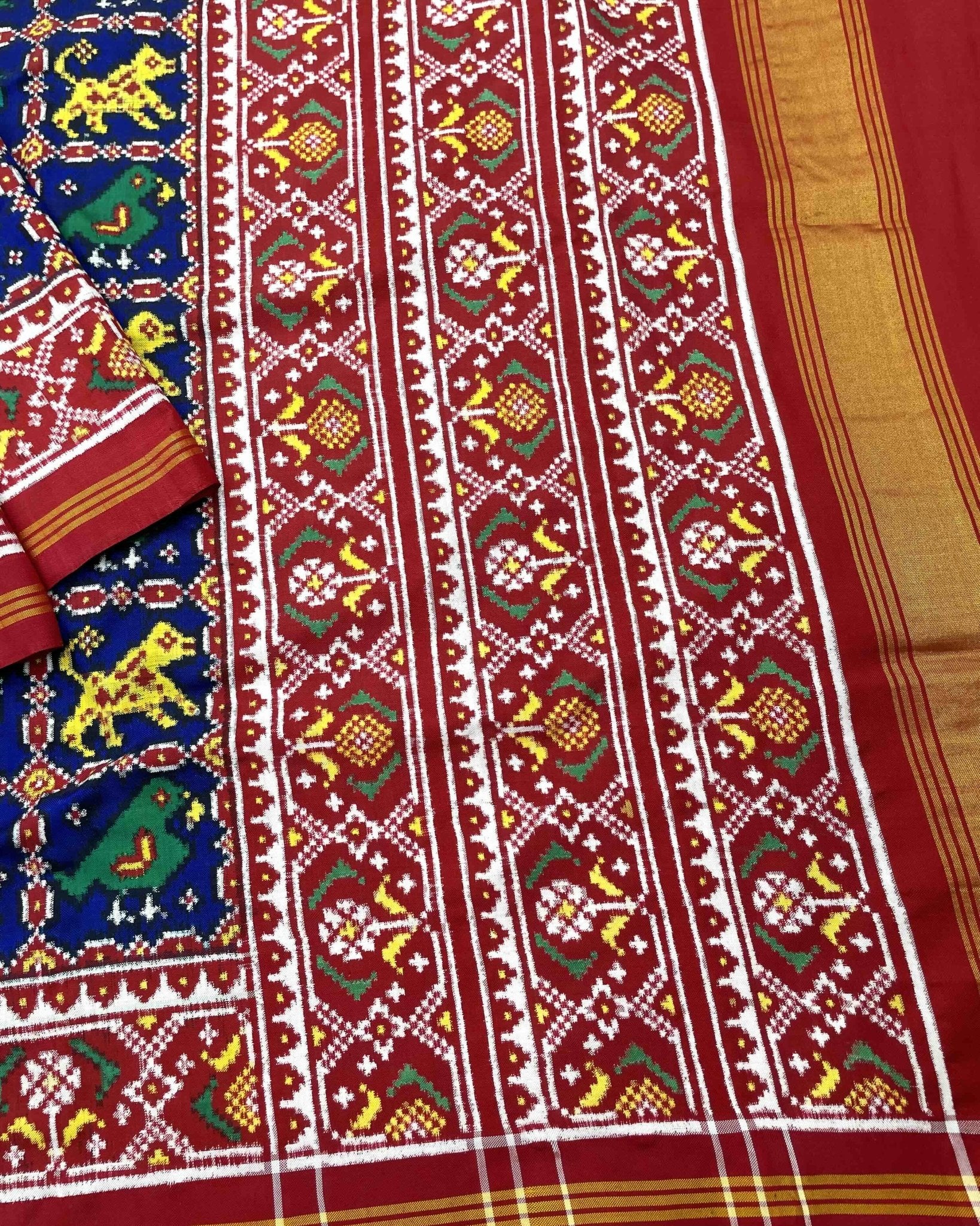 Red & Blue Narikunj Double Ikat Patola Saree - SindhoiPatolaArt