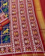 Red & Blue Narikunj Double Ikat Patola Saree - SindhoiPatolaArt