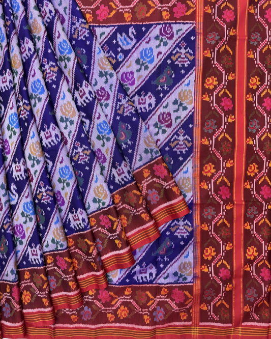 Red & Blue Narikunj Flower Leheriya Semi Double Ikat Patola Saree - SindhoiPatolaArt