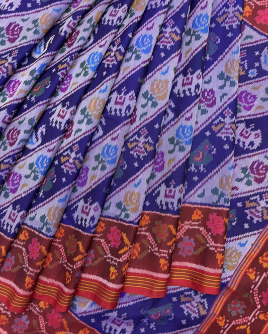 Red & Blue Narikunj Flower Leheriya Semi Double Ikat Patola Saree - SindhoiPatolaArt