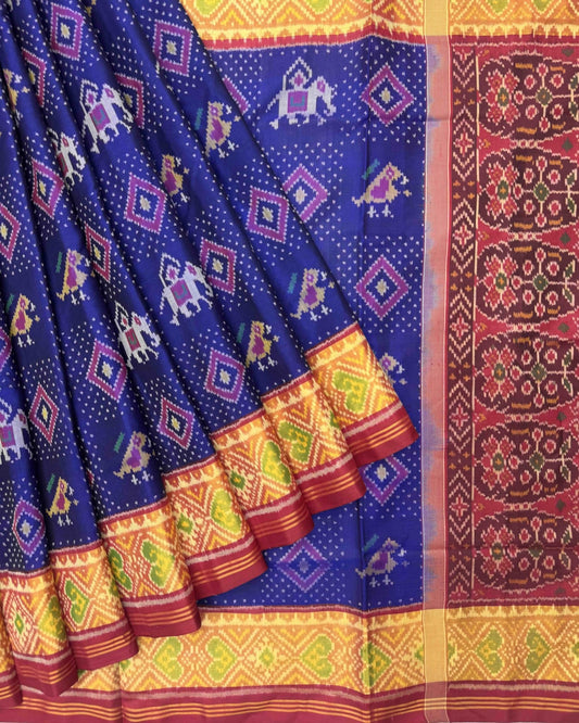 Red & Blue Narikunj Panchanda Patola Saree - SindhoiPatolaArt