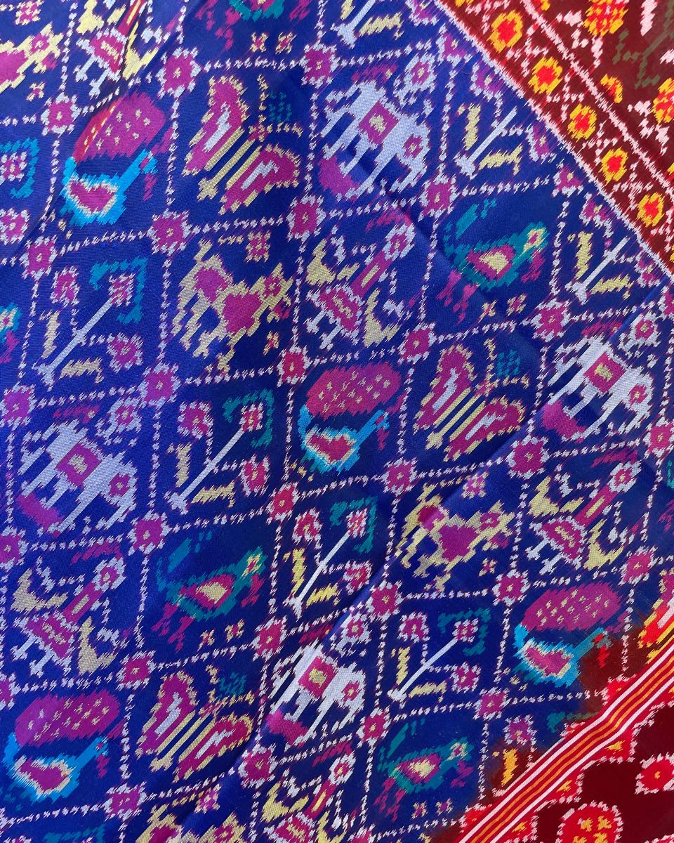 Red & Blue Narikunj Patola Dupatta - SindhoiPatolaArt