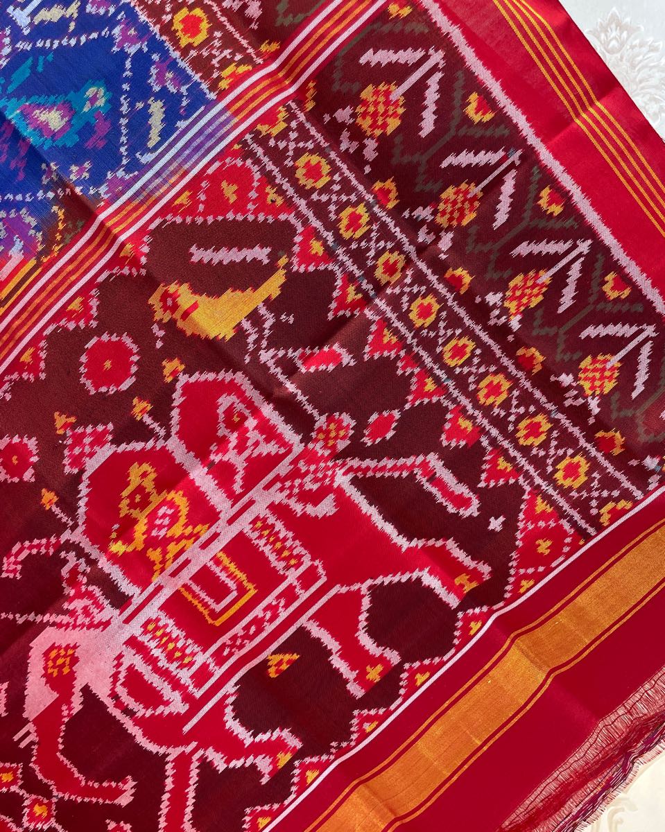 Red & Blue Narikunj Patola Dupatta - SindhoiPatolaArt