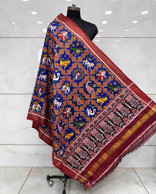 Red & Blue Narikunj Patola Dupatta - SindhoiPatolaArt