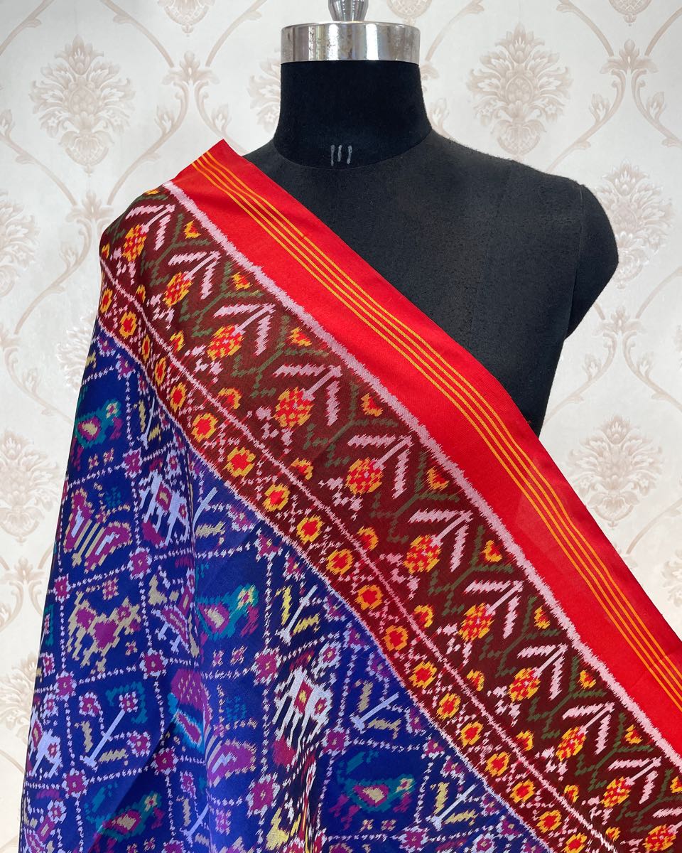 Red & Blue Narikunj Patola Dupatta - SindhoiPatolaArt