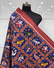 Red & Blue Narikunj Patola Dupatta - SindhoiPatolaArt