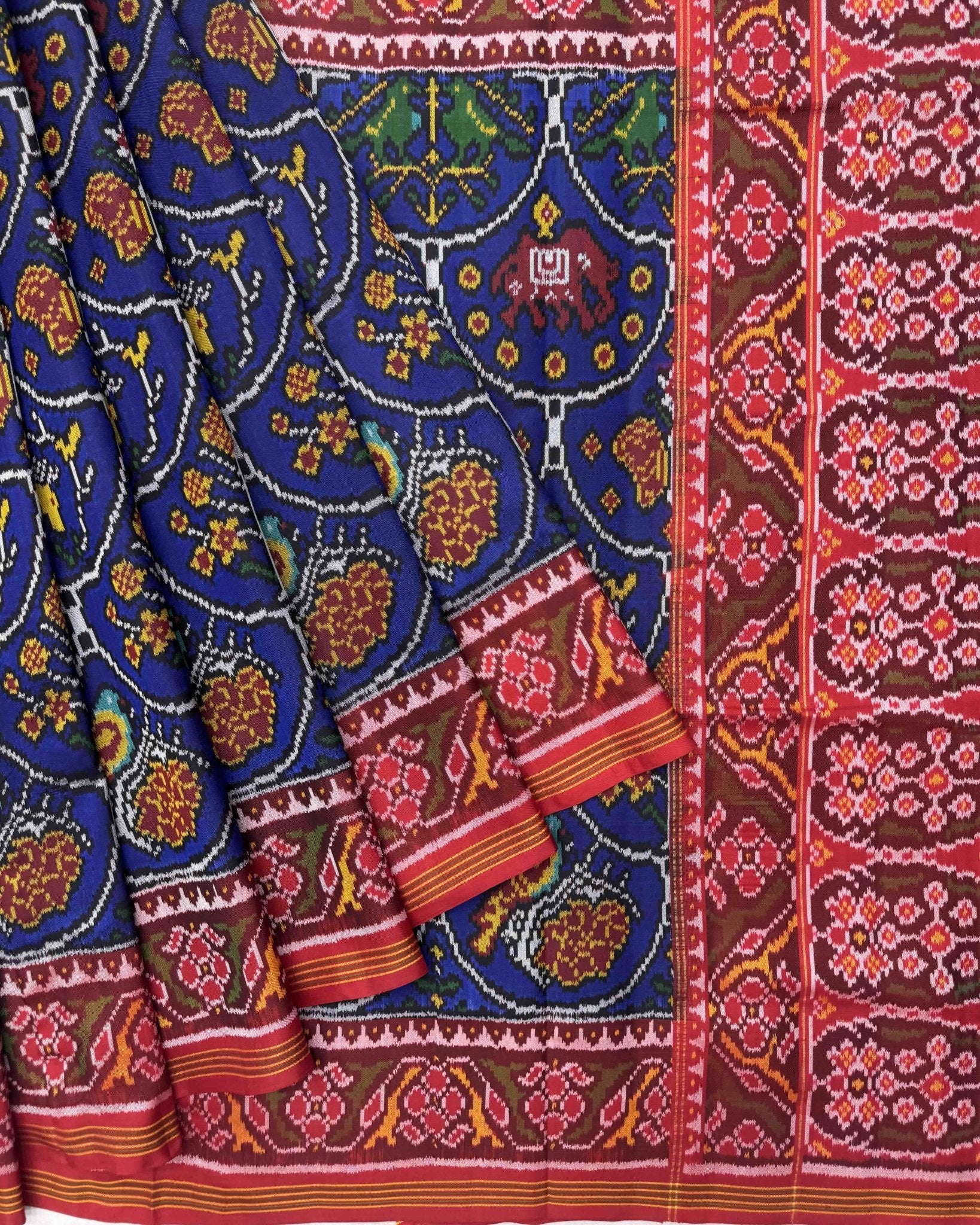 Red & Blue Narikunj Semi Double Ikat Patola Saree - SindhoiPatolaArt